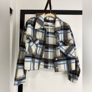 Zara Kids Checkered Jean Jacket - Blue, Brown, and White